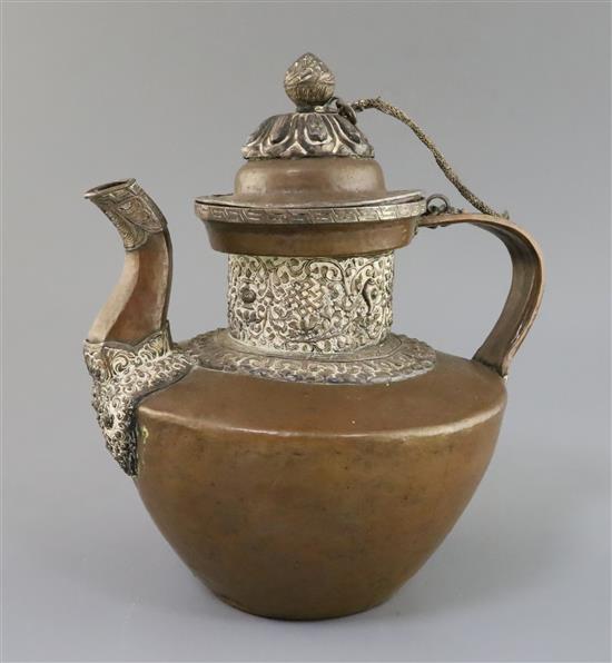 A Tibetan copper and silver teapot, 19th century, H. 26.5cm